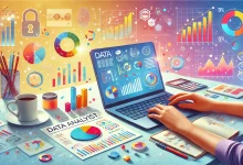 DALL·E 2024 12 08 01.33.56 A vibrant and engaging illustration of a data analyst working on a laptop surrounded by colorful graphs charts and data visualizations. The scene is